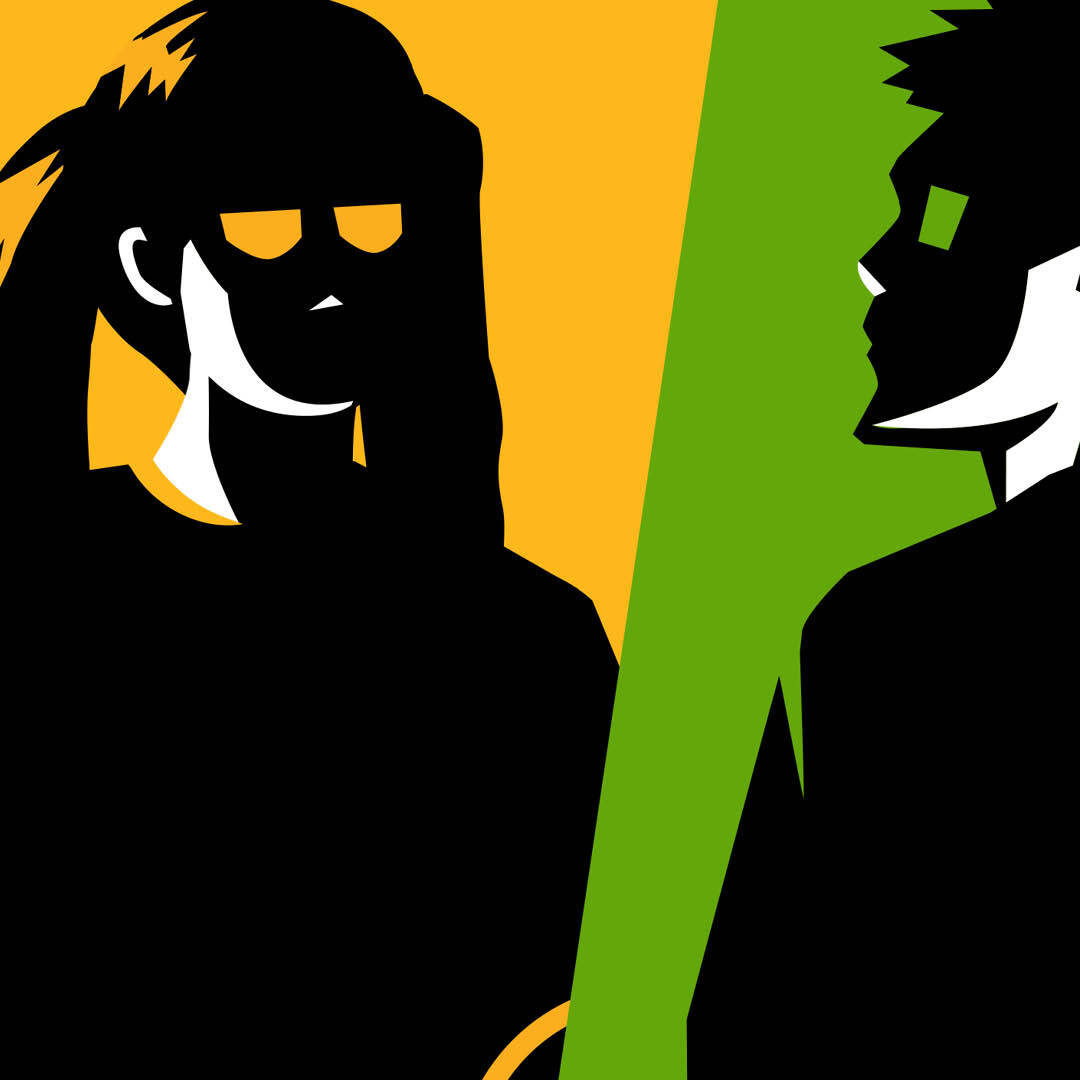 two character on yellow and green background