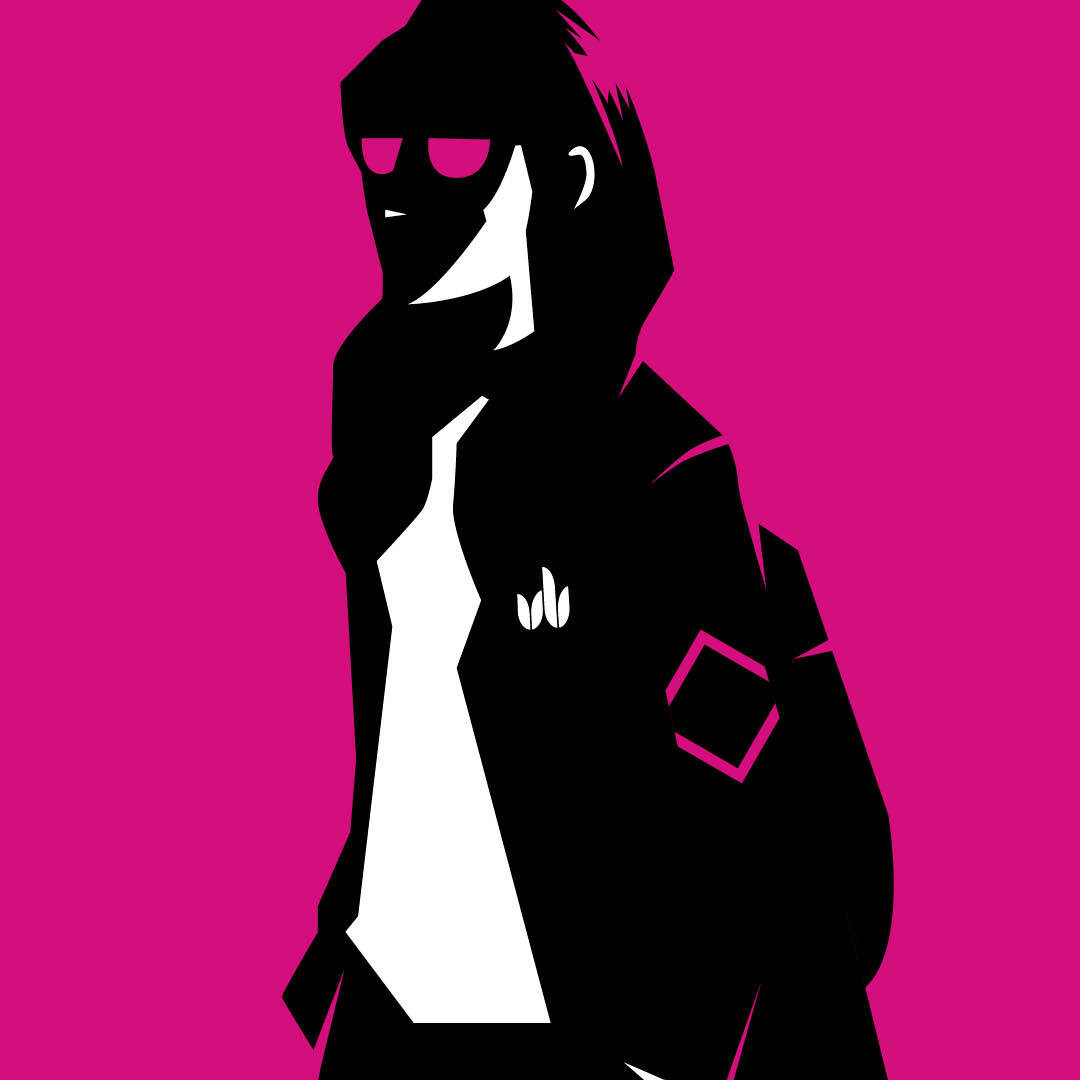 character wearing hood with logo pink background