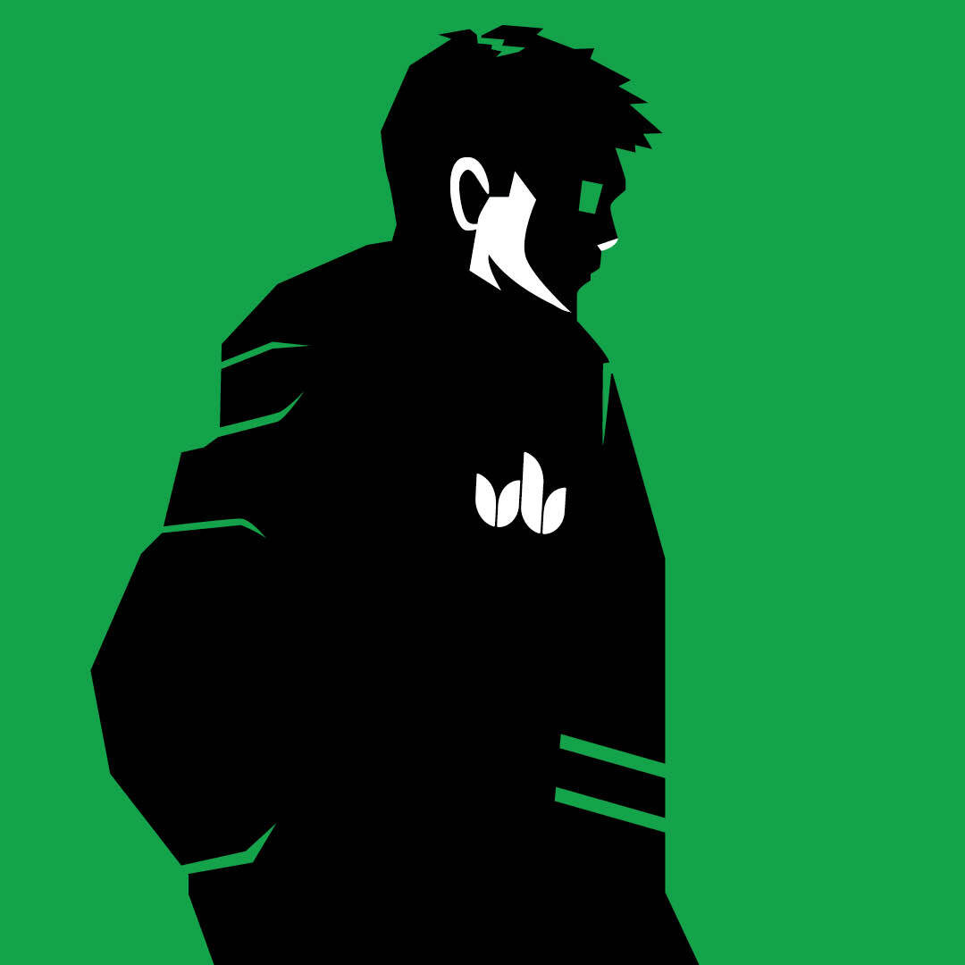 character wearing backpack with logo green background