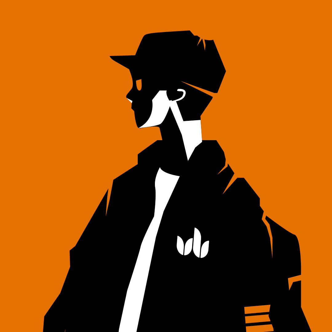 character wearing hat with logo orange background