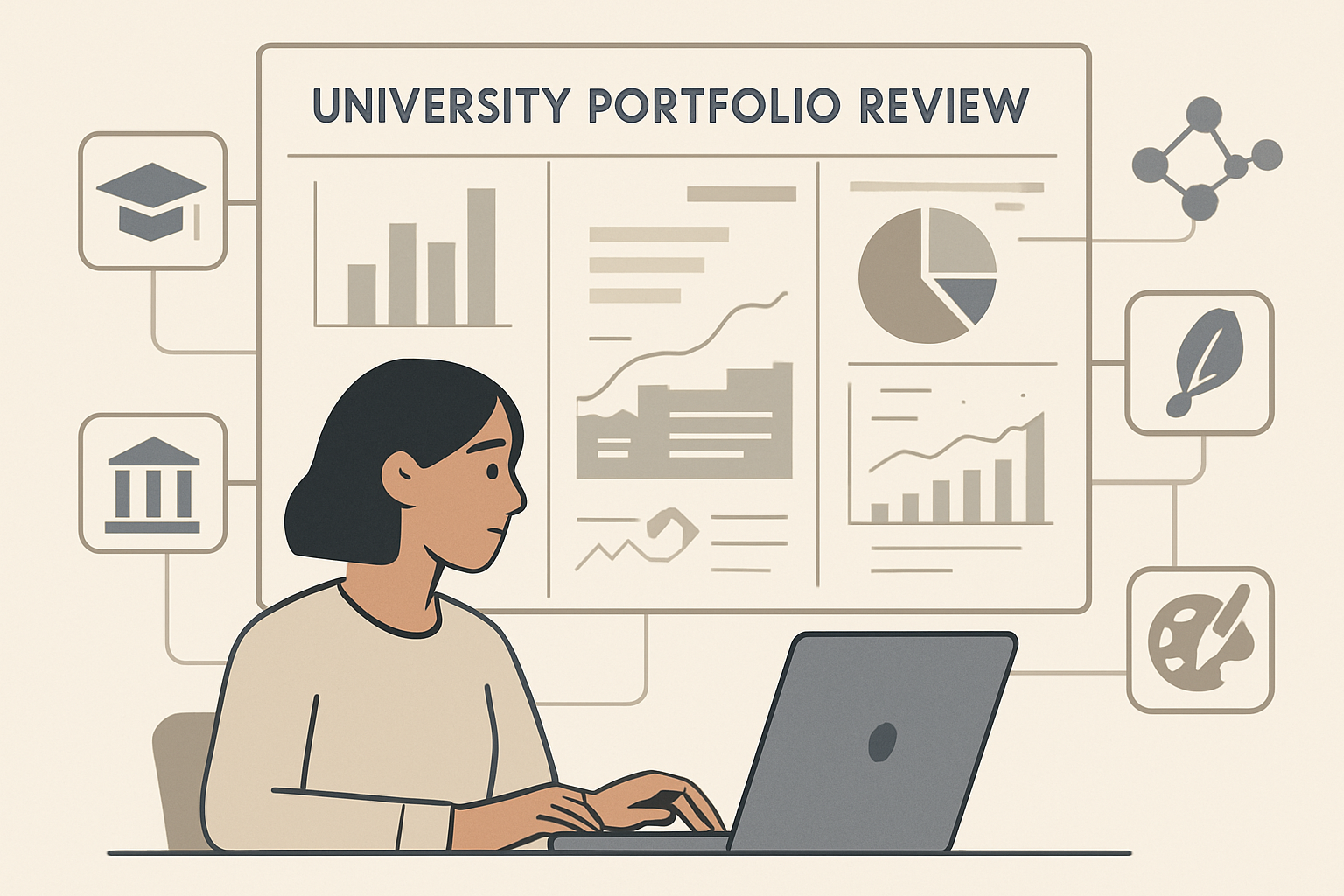 A modern professional illustration representing a university portfolio review Diverse university subjects represented by icons and digital dashboards-2