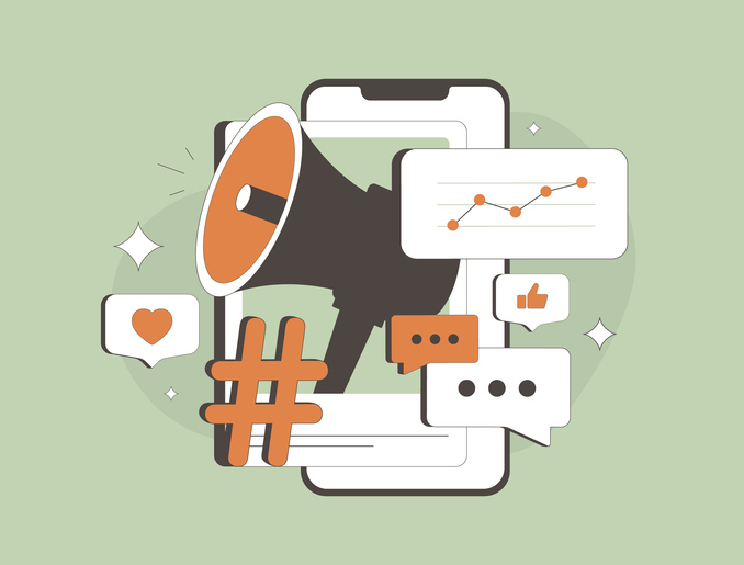 Illustration of a megaphone and smartphone surrounded by social media icons — like, comment, hashtag, and an upward trending analytics graph.